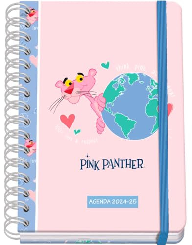 Dohe - Schülerkalender 2024 2025, Wochenansicht, A5 (15 x 21 cm), Ringverschluss und Gummi, Spanisch und Englisch, 4 Aufkleberseiten, September bis Juni, Schulmaterial - Pink Panther ecoPink