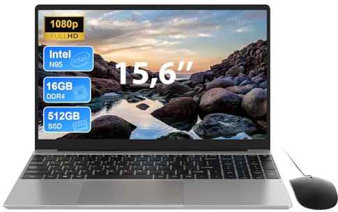 15,6 Zoll Laptop, Quad Core N95, 16GB RAM 512GB SSD, Full-HD Display, Hintergrundbeleuchtete Volltastatur mit Nummernblock, 5G/2.4G WiFi, Bluetooth, HDMI, Type-C, USB, Notebook für Arbeit Studium