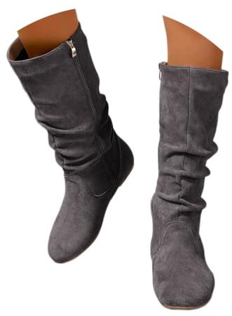 Onsoyours Stivali Alti Donna Stivaletti in Pelle Scamosciata Boots con Zip Stivali Lungo Stivaletti Eleganti Autunnali Invernali Comode con Tacco Piatto A Grigio Scuro 38 EU