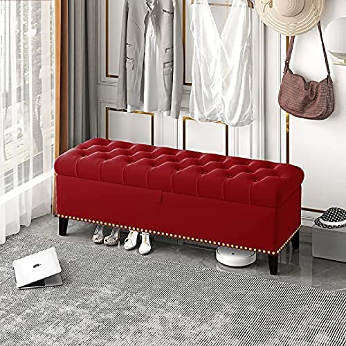 Luxuriöse Sitzbank mit Stauraum, Samt, mit Knopf, Polsterung, 80 x 40 x 45 cm, Bettende mit Stauraum, Rot