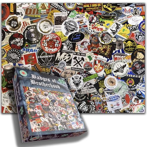 Badges of Brotherhood 1000 Piece Jigsaw Puzzle – Motorcycle Club Emblems for Bikers and Motorcycle Enthusiasts