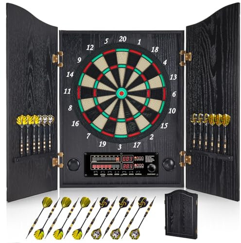 Yirinatek Dartscheibe Elektronisch, Dekoratives Elektronische Dartscheibe Schrank-Set [12 Bronze Soft-Tip Pfeile][Cricket-Spielmodus], Profi E Dart Scheibe mit Holzschranktüren [Schwarz]