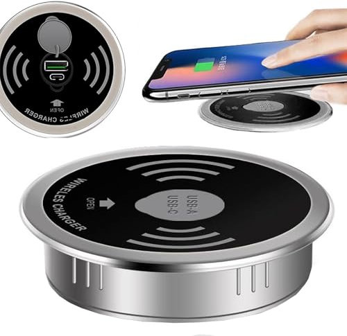 lealovengzh Embedded Desktop Wireless Charger | 15w Portable Desk Fast Wireless Charging Station With Usb Interface | Support Usb-A And Usb-C Output | For 60mm Desk Hole,Black