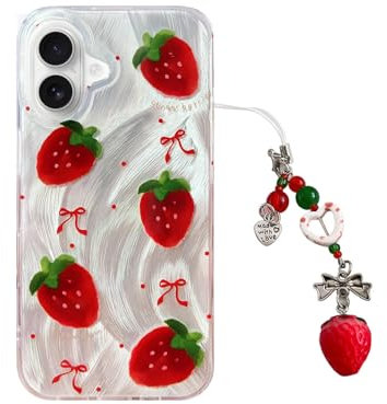 Tewwsdi Cute Glitter Strawberry Phone Case with Charm for iPhone 16,Kawaii Red Bow Polka Dot Design Aesthetic Fruit Summer Phone Girly Women，Never Fade ，1.5mm Raised Edges Protect(with Charm,6.1”)