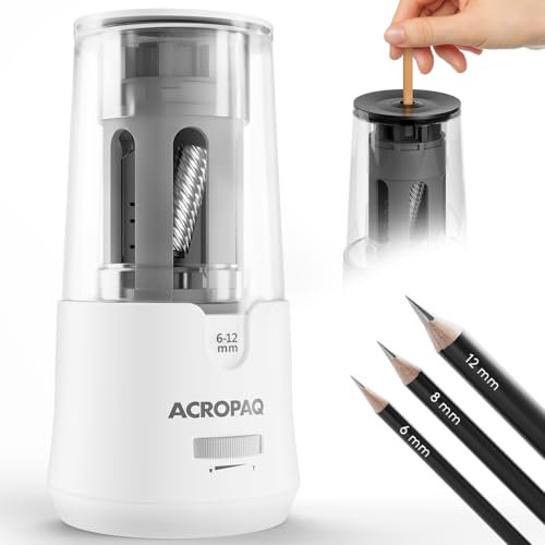 ACROPAQ Elektrischer Anspitzer für Dicke und Dünne Stifte - Für 6-12 mm Bleistifte, Scharf und Stumpfe Spitze, Spitzt in 3–5 Sekunden, Plug-In, Weiß - Elektrischer Spitzer, Spitzer Elektrisch