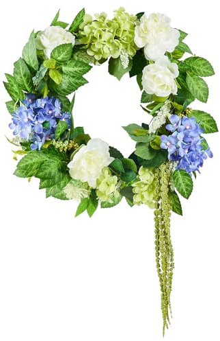 VEVOR Künstlicher Dekokranz, 58,42cm, Blau-Weiß-Grün, dekoriert mit Hortensien, Rosen, Beeren, Ranken, Türkranz ganzjährig, für drinnen & draußen, als Dekoration für Hauswände, Fenster & Festivals