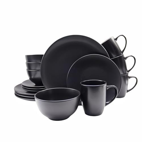 HOMD 16-Pieces Stoneware Dinnerware Set, Dinner Set, Kitchen Dinnerware Ceramic Crockery Set, Dinner Service Set for 4, Include Dinner Plate, Dessert Plate, Cereal Bowl and Mug (Black)