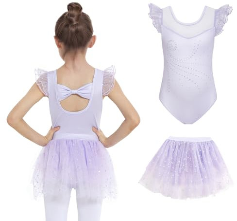 JiAmy Vestido de ballet para niña, mangas con volantes, vestido de ballet para niños, vestido de danza, vestido de bailarina con falda tutú para 3-10 años, morado, 5-6 años