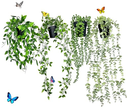 SUPEASY 4 Set Künstliche Hängepflanzen mit Töpfen – 40-60 cm Künstlicher Efeu-Rankendekor für Innen- und Außenbereich, Zimmer, Büro, Wand, Garten & Terrasse