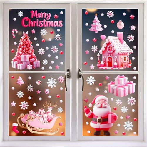 10 Feuilles Stickers Fenêtre Noël, Autocollants Fenêtre Roses Bonhomme de Neige, Maison, Flocons de Neige, Décoration Hiver pour Vitre, Cuisine, Maison, Cadeau de Fête