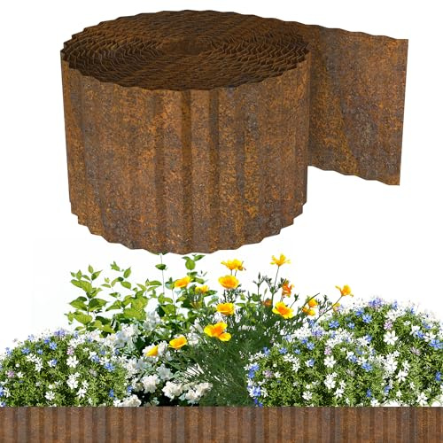 YRHome 10m Rasenkante aus Cortenstahl 15 cm hoch Beeteinfassung mit Rostoptik Flexible Beetumrandung Rostmetall Rasenkante Metall Wetterfest Für Blumenbeete Wege Einfache Montage - Wellige Typ