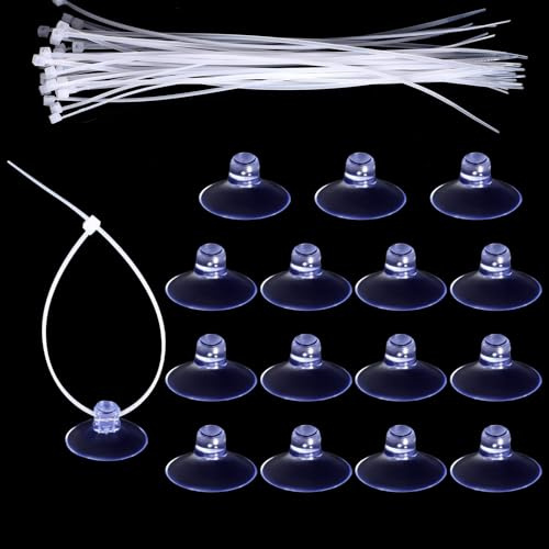 15 Pcs Aquarium Suction Cups with 30pcs Zip Ties, Suction Cup for Fish Tank Plants Binding Moss Shrimp Nest Landscape Fixation, Utility Sucker Pad Without Hooks for Kitchen Hanging Organization