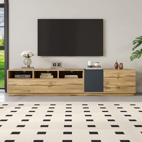 Merax TV-Schrank 200x45x45 cm, mit Holzplatte, Moderner TV-Ständer mit offenen Fächern, Kabelöffnungen und geschlossenen Türen, fürs Wohnzimmer, Holzfarbe und Dunkelgrau