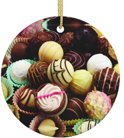 Chocolate Print Christmas Tree Ceramic Hanging Ornament – Round Festivals Xmas Party Decor with Gold Rope