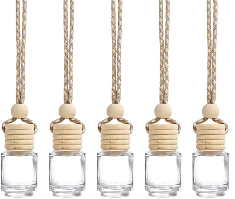 Qinsky Nachfüllbare Auto-Lufterfrischer-Flaschen mit Holzdeckel - 5 Pcs Hängende 8 ml Parfümflaschen Leer, Transparente Auto-Diffusor-Flaschen für Ätherische Öle & Parfüm zum Selbst Befüllen