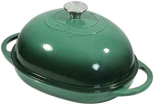 Davivy 6QT Oval Cast Iron Dutch Oven for Sourdough Bread, 8.7 x 11 Dutch Oven Pot with Domed Lid, Enamelled Cast Iron Bread Pot (Forest Green, Standard)
