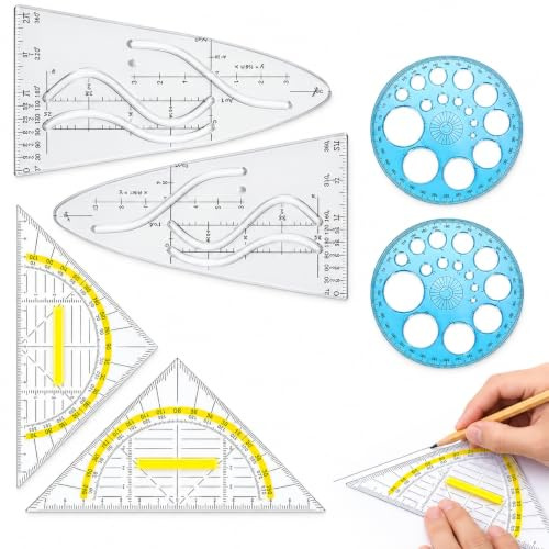 Set di Squadrette da Disegno 45° e 60° con Template Parabolico e Cerchi Multifunzione, Kit Completo con Supporti Triangolari, Ideale per Matematica, Fisica e Disegno Tecnico, Alta Durabilità