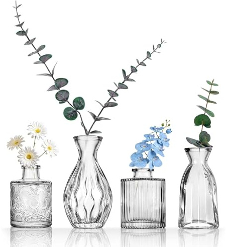Kleine Glasvasen Set von 4, für Tischdekoration, Hochzeit, Empfang, Zuhause, Vintage-Flaschen, Transparent, Dekorative Glasvasen mit Deckeln(4, Transparent)