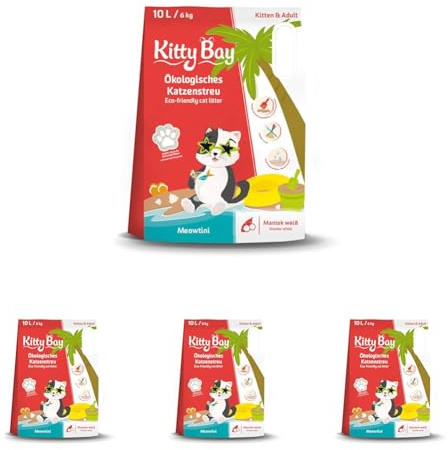 KittyBay – Meowtini – ÖKO Katzenstreu klumpend und staubfrei, Maniok weiß, 10 Liter (Packung mit 4)