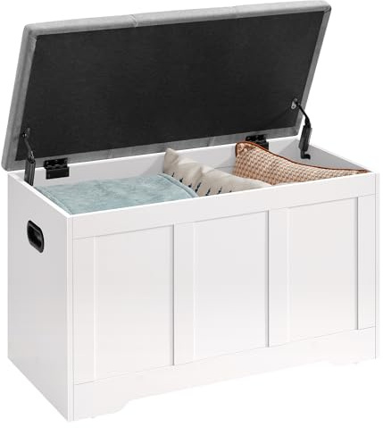VASAGLE Coffre de Rangement avec Couvercle, 2 Charnières de Sécurité, Banc à Chaussures, Style Champêtre, pour Couloir, Chambre, Salon, 41 x 81 x 49 cm, Blanc Mat et Gris Tourterelle LSB067W101