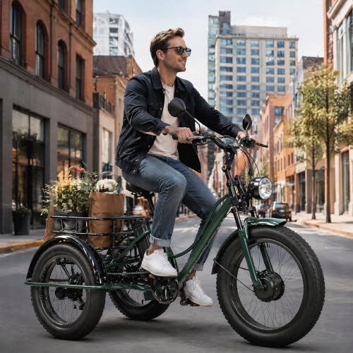 ZRLYbau Lastenrad Elektro Dreirad Erwachsene, 24 Zoll Fat Bike 3 Rad, 7 Gänge mit Korb Hinten, Drehmomentstarker Motor, Robuster Rahmen für Einkaufen Pendeln und Freizeit Green