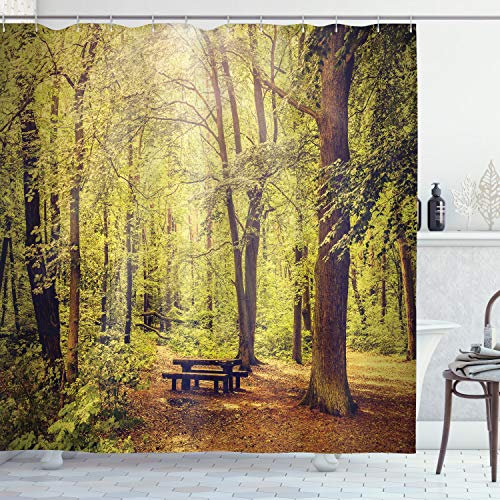 ABAKUHAUS Wald Duschvorhang, Natur Ruhe Frieden, Stoffliches Gewebe Badezimmerdekorationsset mit Haken, 175 x 240 cm, Braun Grün