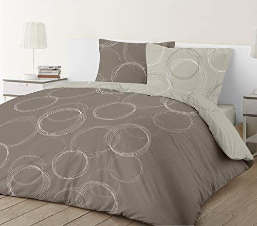 Vision - Parure de lit Réversible Lenny Taupe - Set de Housse de Couette 200x200 cm avec 2 taies d'oreiller pour lit 2 Personnes - 100% Coton