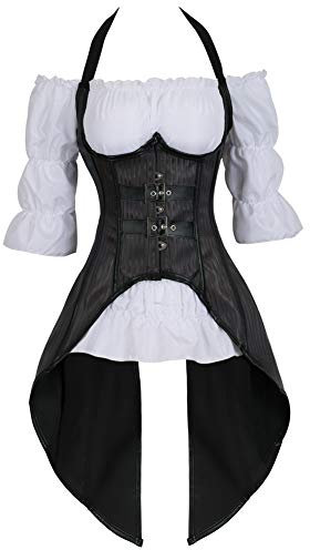 Grebrafan Halter Neck Corset 2 Piece Outfits for Women Underbust and White Blouse Set (UK(14-16) 2XL, Black)