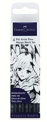 Faber-Castell 267121 Tuschestifte Set, Etui mit 4 Stiften, Feine Spitzen, Soft Brush und Soft Calligraphy in Schwarz, Geeignet für Präzises Zeichnen und Kreative Manga-Kunstwerke