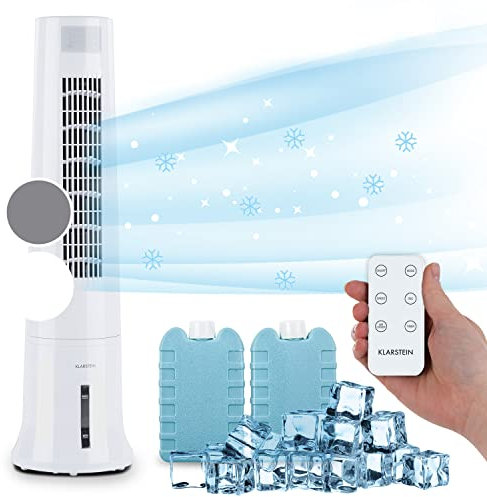 Klarstein Aire Acondicionado 4 en 1, Climatizador de Aire 65 W con Ventilador, Humidificador, Purificador e Ionizador, 2x Packs de Hielo, Tanque de Agua 8L y con Mando a Distancia