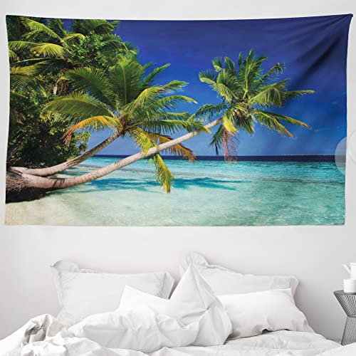 ABAKUHAUS Landschaft Wandteppich und Tagesdecke, Tropic Island Palms aus Weiches Mikrofaser Stoff Waschbar ohne Verblassen Digitaldruck, 230 x 140 cm, Grün Aqua