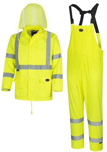Pioneer High Visibility Rain Gear Safety Jacket and Bib Pants – Hi Vis, Waterproof, Reflective PVC Work Suit for Men – Orange and Yellow/Green