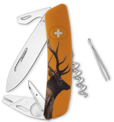SWIZA Taschenmesser TT03, Tick Tool, Stahl 440, rostfrei, Sperre, orangefarbene Schalen, Hirschmotiv, 11 Funktionen, Mehrfarbig