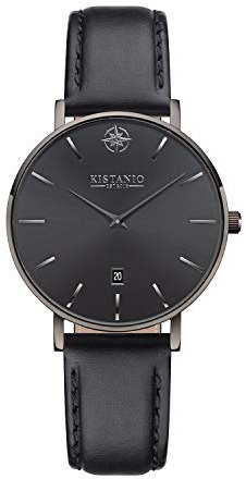 Kistanio Damenuhr Petit Gun Metal Edelstahl Saphirglas mit schwarzem Lederband GM-GMS-L-BLK