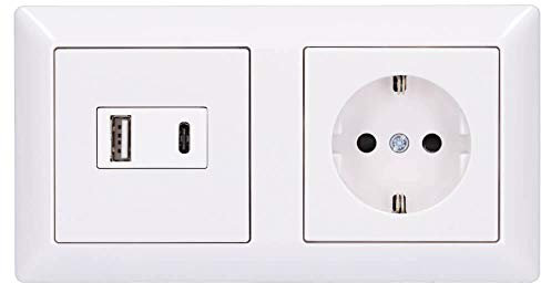 Jung USB-Ladegerät USB15CAWW Komplett-Set mit 2 USB-Buchsen Ports: 1× USB Typ A, 1 ×Typ C (max. 3A) mit Abdeckung A1569USBWW, SCHUKO Steckdose A1520KIWW und 2-fach Rahmen AS582WW Alpinweiß Serie AS