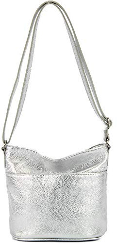 modamoda de T198 kleine Damen Leder Umhängetasche Schultertasche handmade in Italy, Farbe:Silber-Metallic