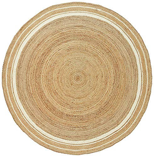 Ripaz Jute-Teppich, naturfarben, mit cremefarbenem Rand, handgewebt, runder Teppich