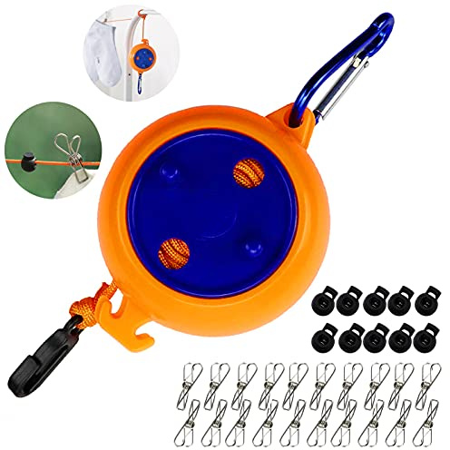 Wäscheleine Reise, Wäscheleine Ausziehbar, 8M Camping Wäscheleine, Wäscheleine Camping Tragbare mit 10 festen Schnallen und 20 Wäscheklammern, für Garten oder Reise (Orange)