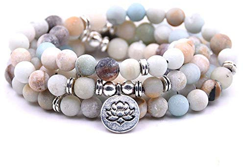 Self-Discovery Armband Mala Yoga 108 natürliche Perlen mit Lotusanhänger, One Size, Amazonit, Sto