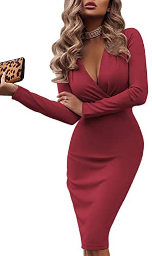 ORANDESIGNE Abito da Sera Donna Cerimonia a Manica Lunga Scollo a V Tinta Unita Abito Tubino Elegante e Raffinata Vestito per Festa Matrimonio E Fucsia XS