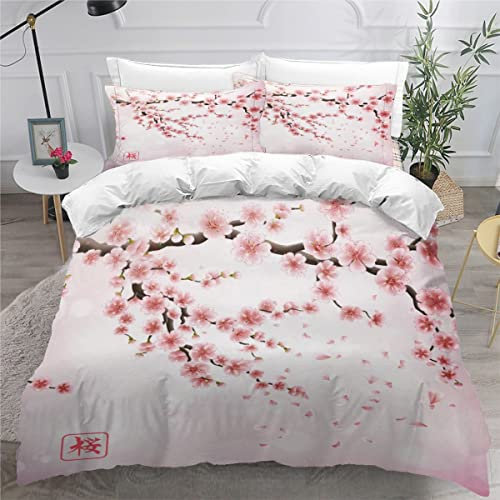RLYXGS KirschblüTen Bettwäsche 135x200cm 3D Drucken Japan Bettbezug Set für Jungen Mädchen Teens Kinderbettwäsche Mikrofaser Weiche Luxus Bettwaren Raumdekor 3-teiliges +2 Kissenbezug 80x80