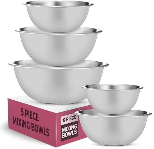 FineDine Stainless Steel Mixing Bowls (Set of 5) Stainless Steel Mixing Bowl Set - Easy To Clean, Nesting Bowls for Space Saving Storage, Great for Cooking, Baking, Prepping