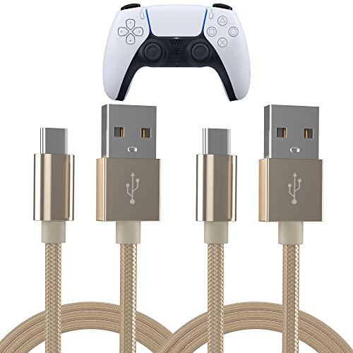 TalkWorks PlayStation 5 Controller Charger Cable, USB C to USB A - 6' Nylon Braided Type C Fast Charging Cord for PS5 (Gold, Pack of 2) (14098)