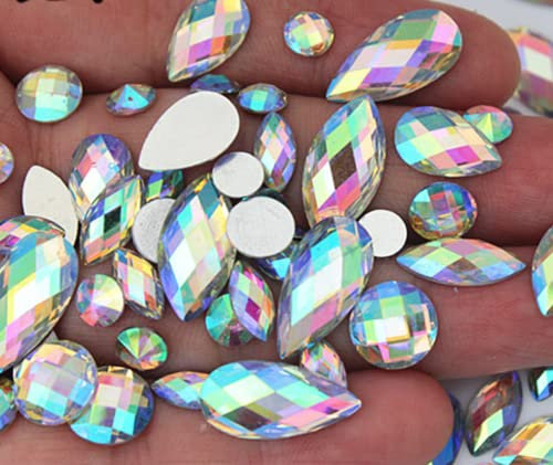 Flat Back Rhinestone Mix 4mm 8mm 14mm 15mm Teardrop Round Horse Eye Assorted AB Bead Diamond Gem Large Small Bag Crystal Teardrop Pear Nail Art Rhinestones Small Medium AB Iridescent (50 Pack Set)