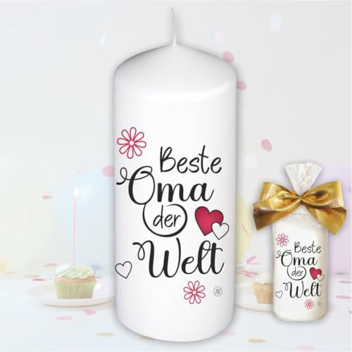 Stumpenkerze Kerze - Beste Oma der Welt - Für Dich | bunte moderne Motive Farben auf Tattoofolie für Kerzen | mit Geschenkfolie und goldener Schleife | Geburtstagkerze in Geschenkverpackung