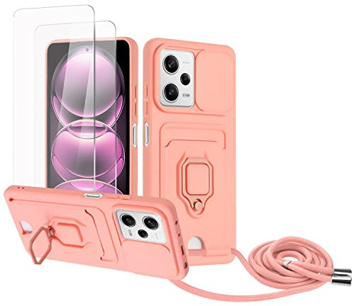 Zallagre Funda con Cuerda Compatible con Redmi Note 12 Pro/Xiaomi Poco X5 Pro,[2 Packs Cristal Templado],Ranura para Tarjetas,Cubierta de Cámara Deslizante Proteger,360 Anillo Soporte-Rosa