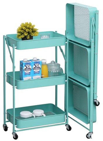 NTEK 3 Tier Foldable Storage Trolley | Rolling Kitchen Carts with Locking Wheels | Green