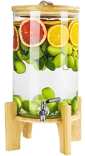 Dispensador de Bebidas de Vidrio con Grifo de Acero Inoxidable 5L/8L/10L Dispensador de Bebidas a Prueba de Fugas con Soporte de Madera, Boca Ancha fácil de llenar - Accesorios de cóctel de Jarra 8L
