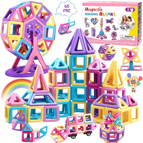 Purpledi Magnetische Bausteine 60 Teile Magnet Spielzeug Kinder - Magnetspiel Magnetbausteine, Magnetic Building Blocks Lernspielzeug Spielzeug Geschenk Weihnachten für Kinder ab 3 4 5 6 7 Jahre
