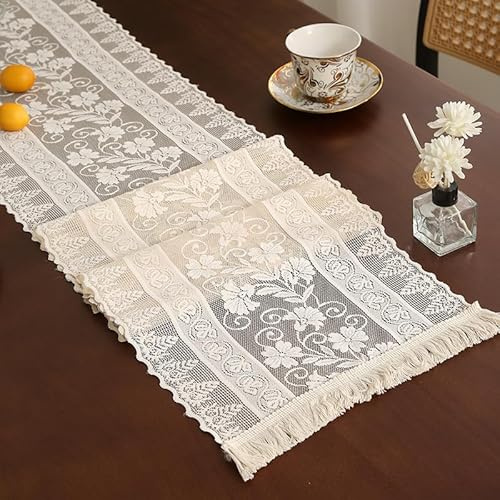Spitzen Tischläufer, Handgefertigter Bestickter Tischläufer mit Blumenmuster, Vintage Tischdecke, Rechteckige Spitzentischdecke für Haus, Esszimmer, Hochzeit Party-Dekoration -A, 30*150cm